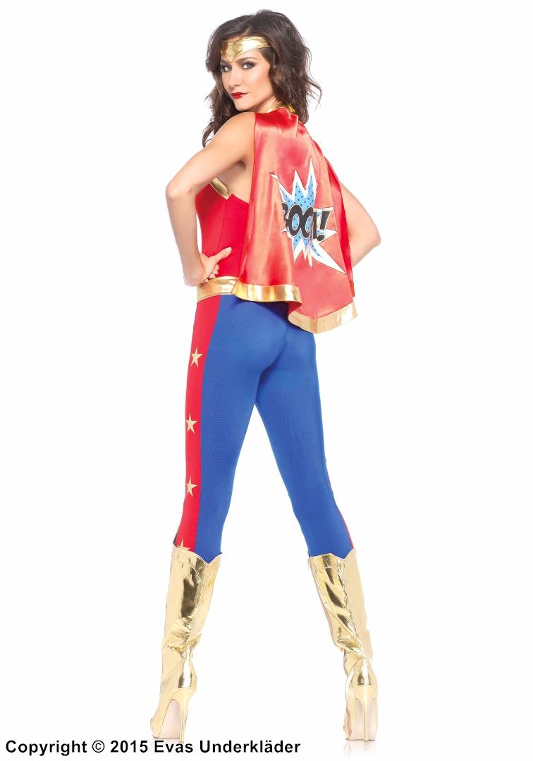 Wonder Woman, body costume, belt, headband, cape, stars